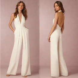 Sexy Backless Jumpsuits Prom Party Dresses For Women Halter Deep V Neck Formal Evening Party Gowns With Pockets Cheap Pants Suits 2021