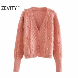 ZEVITY Kadın Moda V Boyun Topu Dekorasyon Hırka Örme Kazak Bayanlar Uzun Kollu Büküm Şık Dış Giyim Coat Tops S473 210603