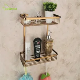 Antiqubathroom akcesoria półki 2 warstwy stojak przestrzeń aluminiowa ściana z brązu kwadratowa łazienka półka przechowywania 300 * 360 * 140mm 211112