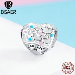 BISAER 100% 925 Sterling Silver Daughter Gift Charms White Enamel Love Heart Beads fit daughter Bracelets DIY Jewelry ECC1152 Q0531