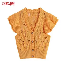 Tangada Kvinnor Vintage Orange Twist Oversized Knitted Vest Turtleneck Sweater Ruffles Sleeve Kvinna Waistcoat Top Be576 210609