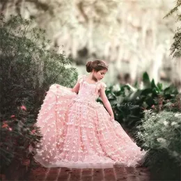 2022 Linia Kwiat Dresses Lace Up 3D Floral Appliques Little Girl Pageant Suknie Ruffles Cap Sleeve Party Dress