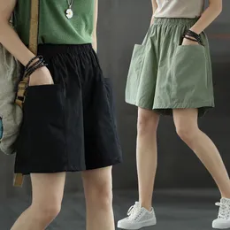 Frauen Shorts Tasche Frühling Und Sommer Weibliche Freizeit Breitbeinige Hosen Baumwolle Lose Elastische Taille Tragen Unterhosen Außerhalb Bein