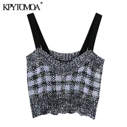 KPYTOMOA Mujeres Dulce Moda Patchwork Plaid Recortado Punto Tank Top Vintage Sin espalda Correas anchas Mujer Camis Chic Tops 210308