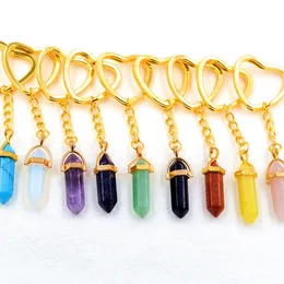 Ouro Hexágono Prisma Reiki Healing Stone Natural Chaveiros Chakra Ametista Rosa Rosa Cristal Coração Chave Chave Keyrings Mulheres Homens Jóias