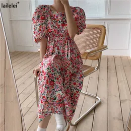 Puff Sleeve Floral Maxi Dress Square Collar a Line Cotton Robe Summer 2021 Boho Plus Size Midi Elegant Korean Harajuku Sukienki Y0823