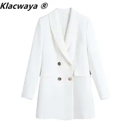 Klacwaya Women Blazer Coat Dubbelbröst Vintage Långärmad Ficka Solid Färg Kvinna Ytterkläder Chic Suitjacka 211122