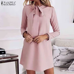 2021 Zanzea Stylowe Kobiety Mini Dress Elegant Długim Rękawem Bow Tie Sundress Spring Solid Work Ol Vestidos Fashion Party Dresses Y220214