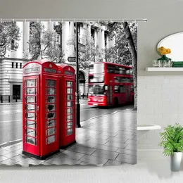 Classic London Red Telephone Booth Retro Bathroom Shower Curtain Set Waterproof Fabric Curtains Fashion Art Bathtub Home Decor 211116