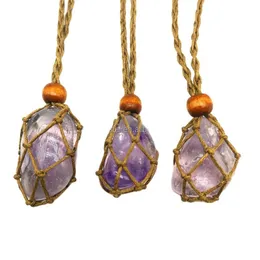 Natural Crystal Stone Purple Smooth Amethyst Necklace Pendant Healing Jewelry Charms Handmade Retro Net Pocket Braid Rope