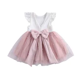 FOCUSNORM 0-8Y Princess Infant Baby Girls Dress Ruffles Sleeve Solid Pearl Lace Patchwork Back Bowknot Tutu Dress G1129