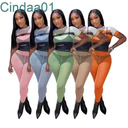 Women Sheer Tracksuits Sexy Mesh two Piece Pants Set Printed Tops See Through Leggings Sweatsuits Designer Yoga Clothing