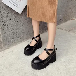 Scarpe eleganti Autunno Donna Décolleté Tacchi alti Fibbia Casual Donna Punta tonda nera Piattaforma punk 2021 Primavera