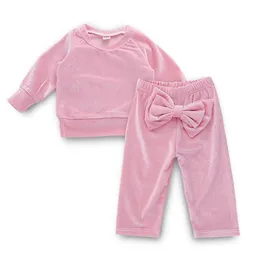 2021 baby tjejer kläder uppsättningar våren höst mode barn outfits bekväm tyg ren färg rosa anbud bowknot långärmad kostym barn kläder