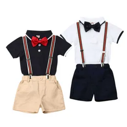 Boiiwant 9m-5y Dzieci Letnie Maluch Dzieciak Baby Boy Gentleman Outfit Formalny Party Bow Tie Koszula Topy Kombinezony Szorty Bib Set X0802