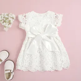 2021 0-4Y Princess Toddler Girls Dress White Flower Lace Short Sleeve Bow Back O Neck A-line Summer Sundress For Birthday Party