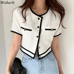 WOHERB Yaz Kısa Kollu O-Boyun Tek Göğüslü Kadın Trend Coat Feminino Chic Düğme Gevşek Kısa Rahat Bayanlar Ceket 211014