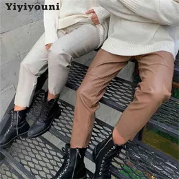 Yiyiyouni High Waist Spliced Leather Pants Women Loose Drawstring PU Trousers Autumn Solid Straight Female 210915