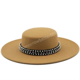 Large Wide Brim Faux Wool Boater Flat Top Fedora Hat with Rivet Pearls Black White Party Panama Trilby Cowboy Cap