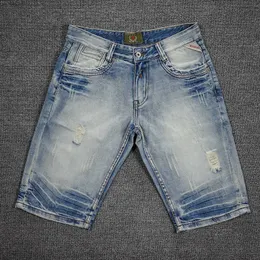 Summer Ly Fashion Men Jeans Retro Light Blue Myted Ripped Denim Shorts Hombre Vintage Projektant Bawełna Krótki dla 5VOD