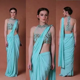 Formell blå två bitar Indiska kvällsklänningar för kvinnor Lace Applique Prom Klänning med Cape Fas Kaftan Engagement Dresses Long