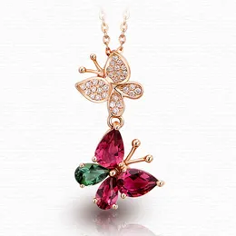 Chic Butterfly Red Green Crystal Zircon Diamonds Gemstones Pendant Necklaces for Women 18k Rose Gold Color Choker Jewelry Gifts