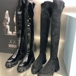 Botas sobre o joelho longo para mulheres de couro de patente sapatos femininos fundo grosso apontou toe cavaleiro plataforma bota elástica