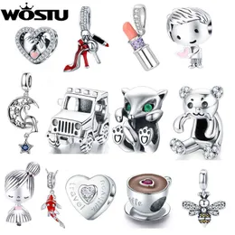 Wostu Family Heart Copper Charm High Heels Pendant Bee Boy Girl Dangle Pärlor Passa Original Armband För Kvinnor Smycken