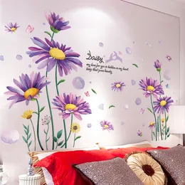 [shijuekongjian] Purple Daisy Wall Stickers DIY Flower Plants for Living Room Kids Bedroom Kitchen Nursery House Decoration 210308