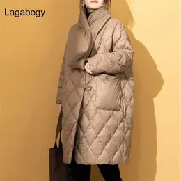 Lagabogy Winter Coat Kobiety Biała Kaczka dół Kurtka Kobieta Casual Długie Parki Z Szalikiem Ciepły Luźny Płaszcz śniegowy 211126