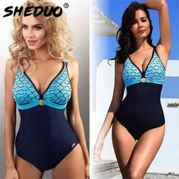 Swimwear for Women Mermaid Print Backless Swimsuit Monokini Sexy Bathing Suit Deep V Beach Swimming arrival 210630