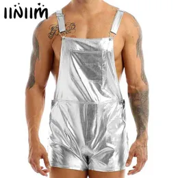 iiniim Mens Male Shiny Metallic Fashion Moto Suspender Shorts Shoulder Straps Bib Overall Suspender Shorts Clubwear Costumes H1210