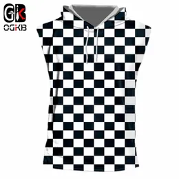 OGKB Man Hiphop Streetwear Punk Sleeveless Hoodies Tracksuits Tops Men's Cool Print Black White Grid 3D Hooed Tank Top Cap Vest 210623