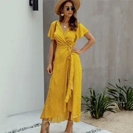 Yaz Maxi Elbise Kadınlar Polka Dot Seksi V Boyun Ruffles Kısa Kollu Tatil Uzun Plaj Sundress Bayanlar Lace Up Wrap Parti Elbiseler 210309