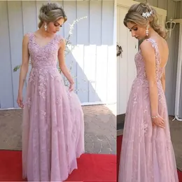 Ny Blush Rosa Prom Klänningar V Nacke Ärmlös En Linje Appliques Lace Tulle Long Formal Afton Party Dress Vestidos de Baile