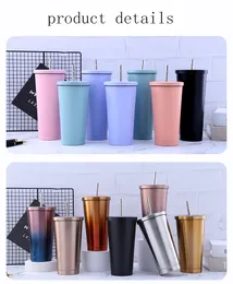 17OZ double-layer fashion stainless steel straw Mugs for adults and children vacuum coffee cup candy color gradient ice tyrant large capacity Thermos cups