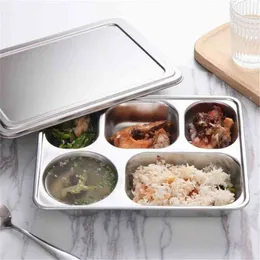 Rostfritt stålplåt Matbehållare Bricka med fack Sliver Bento Lunchkasser med lock för matsal restaurang porslin 210818