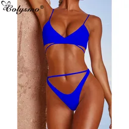 Colysmo 2 stycken bikini set justerbara band binda upp hög midja baddräkt kvinnor strand semester sexig baddräkt simning kläder 210527