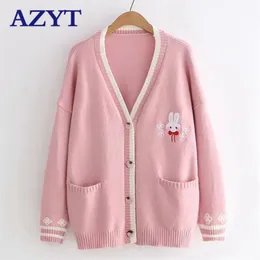 AZYT Cartoon Embroidery Rabbit Knit Sweater Cardigan Korean Chic Loose Female Knitshirt V Neck Cardigan Jacket Women 210806