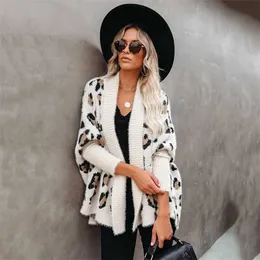 Fitshinling Fuzzy Leopard Long Cardigan Female Bohemian Slim Batwing Sleeve Overized Sweaters Cardiagns For Women Winter Coat 211007