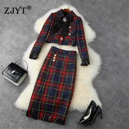 Mode Runway Klänning Kvinnor Höst Vinter Outfit Bowknot Vintage Plaid Short Tweed Woolen Jacka och kjol 2 Piece Set 210601