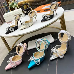 Bow fairy silk high-heeled sandals stovepipe artifact sexy fashion urban style workplace essential can be matched with 35-42 heel height 9.5CM Crystal diamond