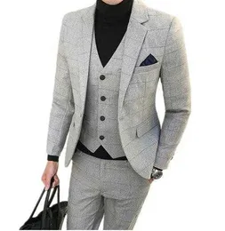 Jacket Pants Vest men suits men's casual boutique business grid suit suits Blazers trousers waistcoat tuxedos terno masculino X0909