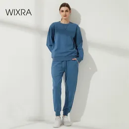 Wixra Womens 100% Cotton Casual Sets O Neck Tops+Elastic Waist Drawstring Pants Basic Sweatshirts Suits Spring Autumn 210819
