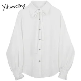 Yitimuceng Bow Lace Up Blouse Women Ruffles Shirt Loose White Spring Fashion Turn-down Collar Long Sleeve Sweet Tops 210601