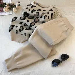 Lzequella mode retro kvinnor stickade kostymer leopard långärmad o-nacke tröja spets upp midja pocket pants2 bitar set streetwear y0625