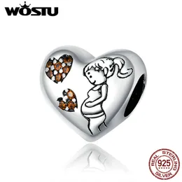 Wostu Heart Charms 925 Sterling Silver Ciąży Matka Napis Mama Cyrkon Koraliki Fit Original Bransoletka Naszyjnik Biżuteria CQC1589 Q0531