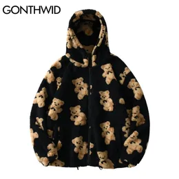 Gonthwid fleece hooded jackor streetwear casual hajuku hip hop män kvinnor mode björn utskrift full zip coat toppar outwear 211110