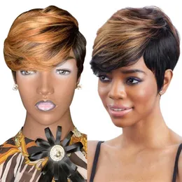 Synthetic Wigs WIGERA Pixie Cut Straight Short Honey Blonde Ombre Color Hair Bob Wig With Bangs Full Manchine Made For Women