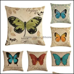 Cushion/Decorative Pillow Home Textiles & Garden Butterfly Printing Cushion Er Cotton Linen Retro Case For Sofa Decorative Pillowcases Whole